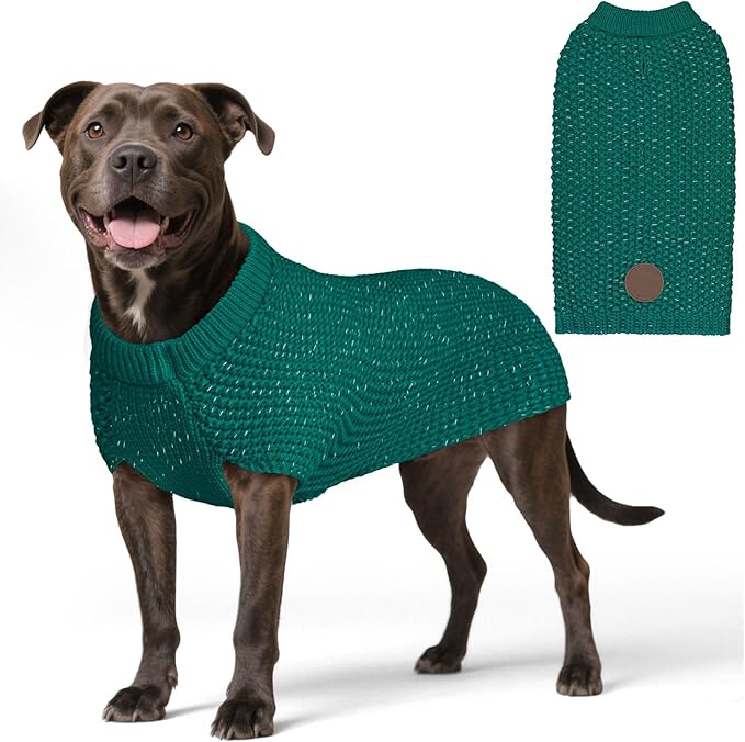 KYEESE Dog Sweater with Leash Hole Comfy Pullover Sweater Medium Size Male with Reflective Yarn Warm Pet Coats Stretchy Cozy Lightweight Thick Knitwear Dog Clothes,Green, X-Large