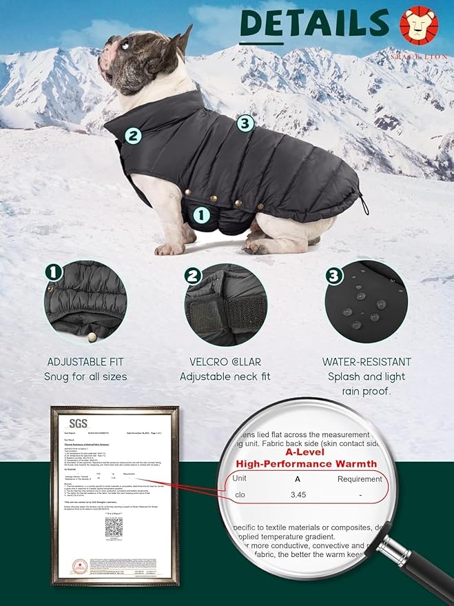 SPACE LION Dog Puffer Jacket, Down Winter Coat, Durable Outdoor Coat for Cold and Windy Conditions, Lightweight & Adjustable Fit Coats for Large Dogs,(Onyx Black, Size24/2XL)