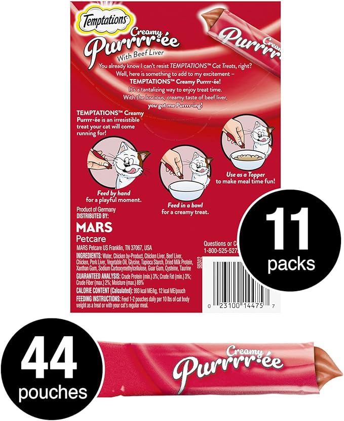 Temptations Creamy Puree Squeezable Lickable Wet Cat Treats with Beef Liver, 0.42 oz. Tubes, 4 Count, Pack of 11 (44 Total)