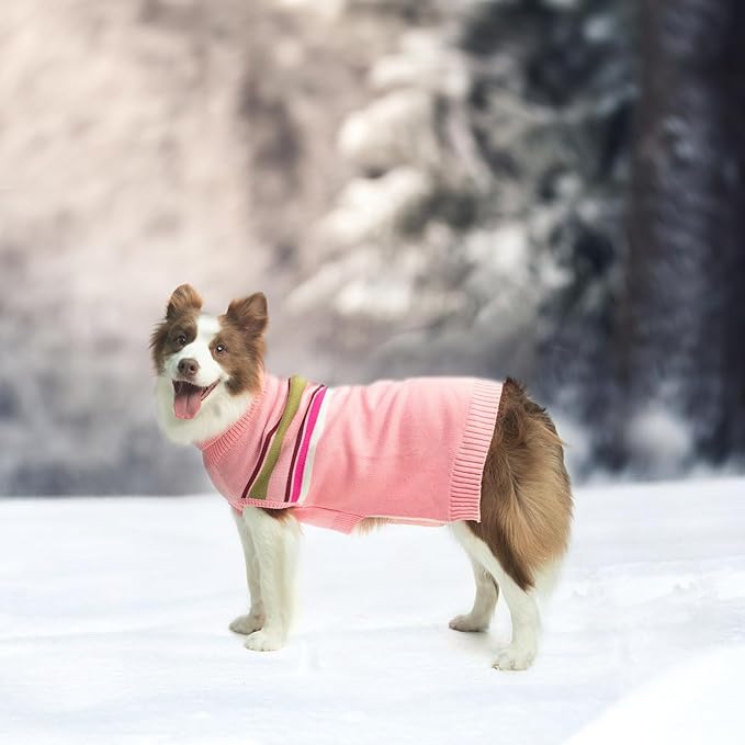 PAWCHIE Dog Sweater - Warm Turtleneck Coat for Large Dogs, Girls & Boys, Stretchy Knitted Outfit with Leash Hole, Pink L/XL