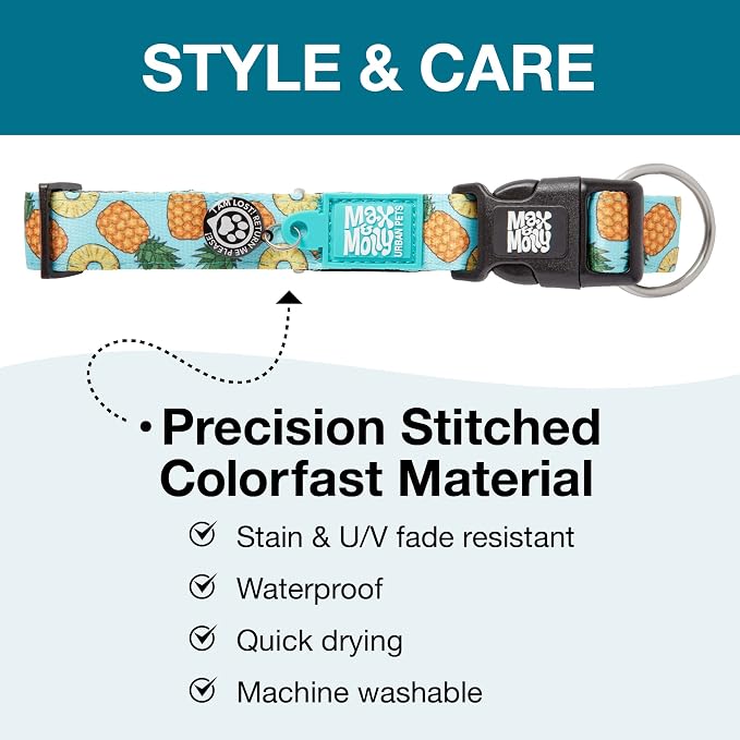 Max & Molly Urban Pets Smart ID Dog Collar with Gotcha! QR Pet Safety Tag and Custom Pet Profile, Soft Padded Neoprene, Waterproof, Machine Washable, Sweet Pineapple, M (13-21")