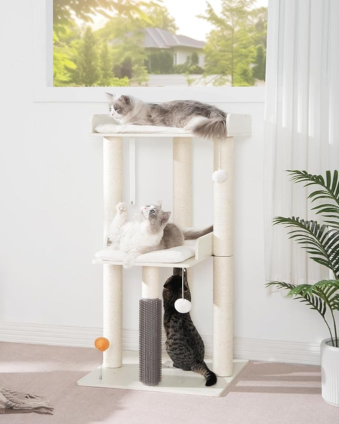 FourFurPets 43.7" Cat Tree, Modern Cat Tree Tower, Cat Tower for Indoor Cats Large Adult, Cat Condo with Scratching Post, Large Perch and Removable Pads, White