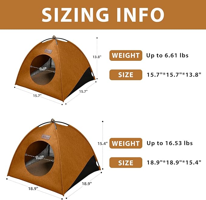 VERABE Waterproof Cat Tent Cave Bed, Indoor Outdoor Pet House with Removable Cushion - Assembly-Free All Season Cozy Cave for Cats & Small Dogs (Medium,Yellow-Brown)