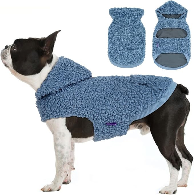 cyeollo Sherpa Dog Hoodie Waterproof Coat for Dogs Windproof Cozy Winter Clothes Cold Weather Coats with Pocket Reversible Sweatshirt Fuzzy Winter Vest for Small Dogs Pet Apparel, Blue