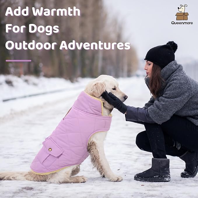 Queenmore Warm Dog Coat, Cold Weather Puffer Dog Coat Vest, Quilting Winter Pet Jacket Ultra Thick Plush Fleece Lining Pet Clothes for Dogs with Storage Pockets (Lilac,Large)