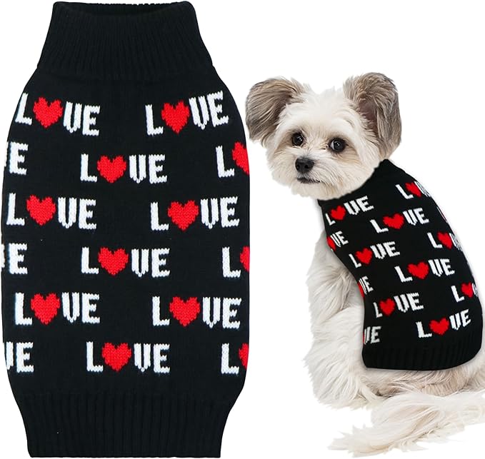 Valentines Dog Sweater, Dog Valentines Clothes Outfit Knitted Sweaters for Small Medium Large Dogs Pets (Black Love, Medium)
