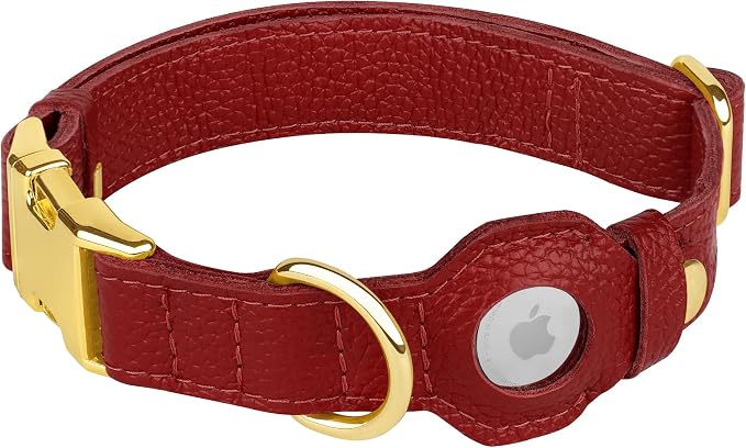 Leather Airtag Dog Collar - Soft Tracking Dog Collar with Apple AirTag Holder and Metal Buckle - Safety GPS Pet Collars for Small Medium Large Dogs Puppy Pink Red (Red, XS, 9"-12" Neck Fit)