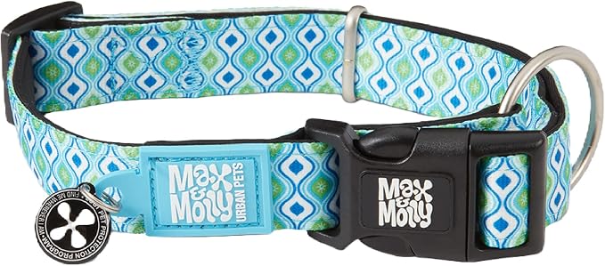Max & Molly Urban Pets Smart ID Dog Collar - Soft Neoprene, Waterproof, Machine Washable, Power Buckle, Gotcha! QR Tag & Custom App Profile, Retro Blue M