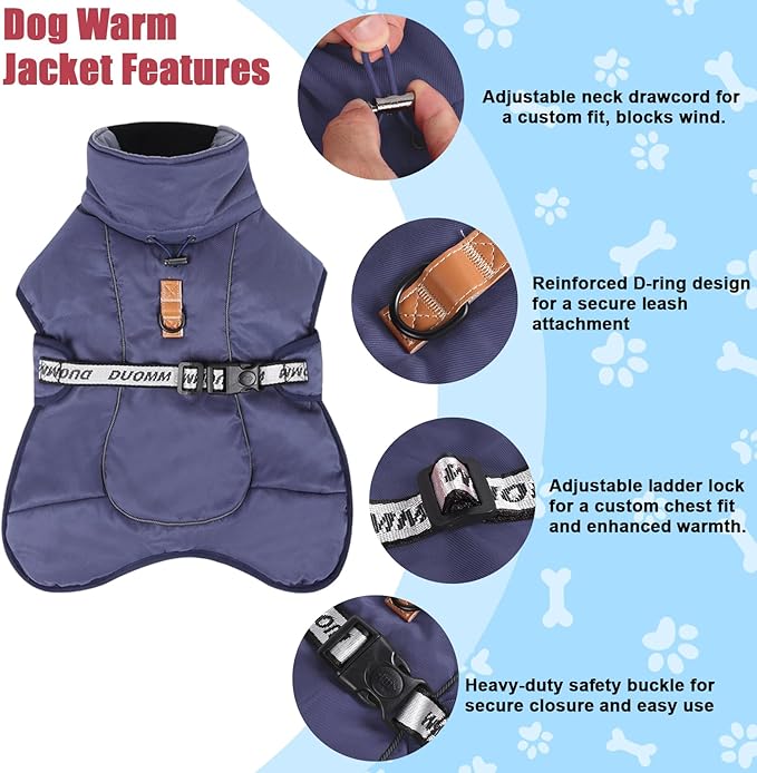 DoggieKit Dog Winter Coat, Waterproof Warm Jacket with Harness Built in, Reflective Cold Weather Doggie Vest, Windproof Turtleneck Pet Snowsuit, Adjustable Puffer Jacket for Medium Dogs, Navy XL