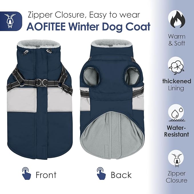 AOFITEE Dog Coat, Waterproof Dog Jacket Winter, Dogs Coat with Harness Built in, Warm Dogs Puffer Jacket with Zipper, Reflective Pet Snowsuit Sweater for Dachshund, French Bulldog, Boston Terrier, M