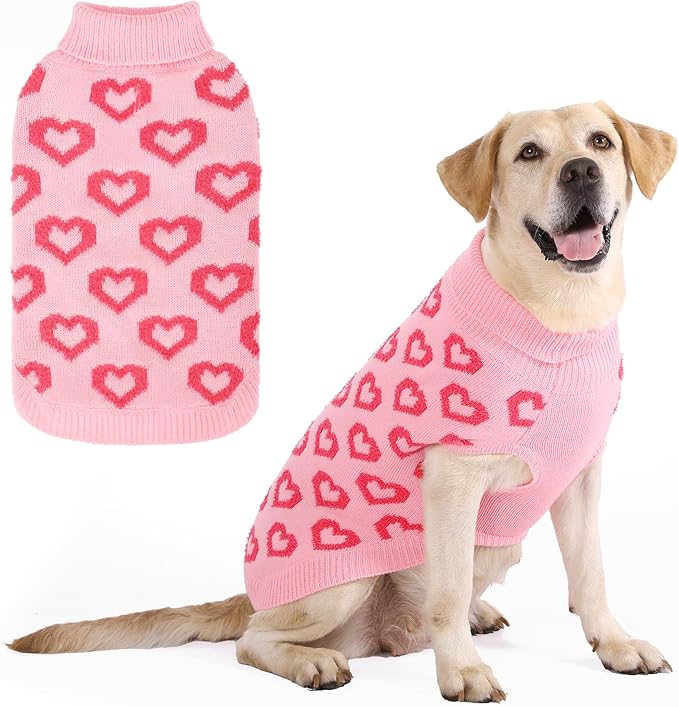 KOOLTAIL Valentine's Day Dog Sweater, Cold Weather Dogs Knitted Sweater Turtleneck Pullover, Pet Sweater with Heart Pattern, Warm Winter Clothes for Small Medium Large Dogs Cat Boy Girl, Pink XL