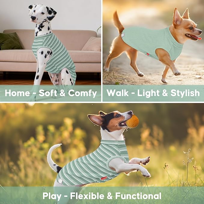 KYEESE 2Pack Waffle Dog Shirts Stretchy Dog T-Shirts Lightweight Dogs Tank Top Sleeveless Striped Dogs Shirt Vest Breathable, XX-Large, Green+Striped