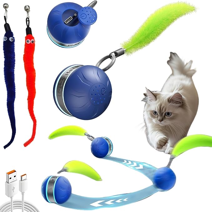 Interactive Cat Toy Ball Automatic Interactive Cat Toys for Indoor Cats with Birdsong 3 Tails 3 Modes Newly Upgraded Speedy 2.0 Tail Cat Toys for Kitten/Small/Medium/Large Cats to Keep Them Busy(Blue)
