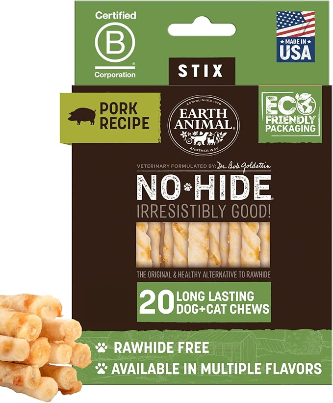 Earth Animal No Hide Stix - Long Lasting Rawhide Free Small Dog Chews Sticks, Pork - 20 Count Value Pack