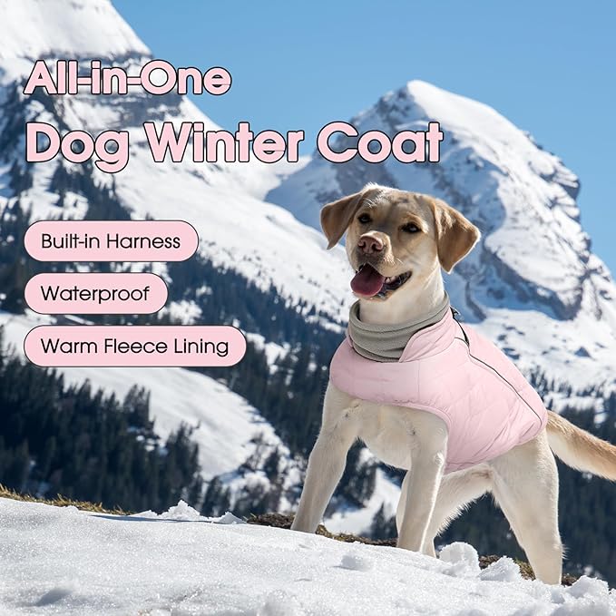 QBLEEV Dog Coat for Large Dogs, Winter Warm Fleece Vest, Waterproof & Windproof with Adjustable Fit, Built-in Harness, Reflective Trim & Zip-Up for Safe Cozy Walks — Pink, XL, for Pitbull, Boxer