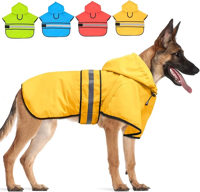 Candofly Dog Raincoat, Waterproof Dog Coat Reflective Dog Rain Jacket with Harness Hole, Hooded Pet Ponch Slicker for Large Dogs (XX-Large, Yellow)