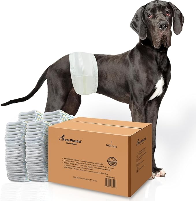 PetsWorld Dog Diapers Male - Disposable - Super Absorbent, Fur-Friendly Belly Bands w/Wetness Indicator -Adjustable Dog Wraps for Incontinence & Training (Large, 600 Count)