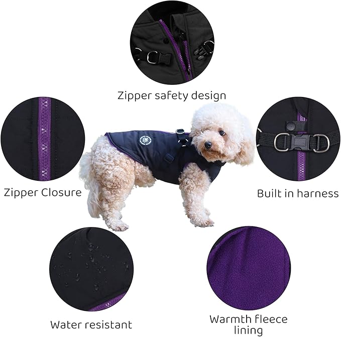 Norbi Dog Winter Coat with Harness Built in, Waterproof Windproof Jacket, Warm Puffer Vest for Small Medium Large Dogs, All Weather Cold Weather Gear for Walking(Black, XXS)