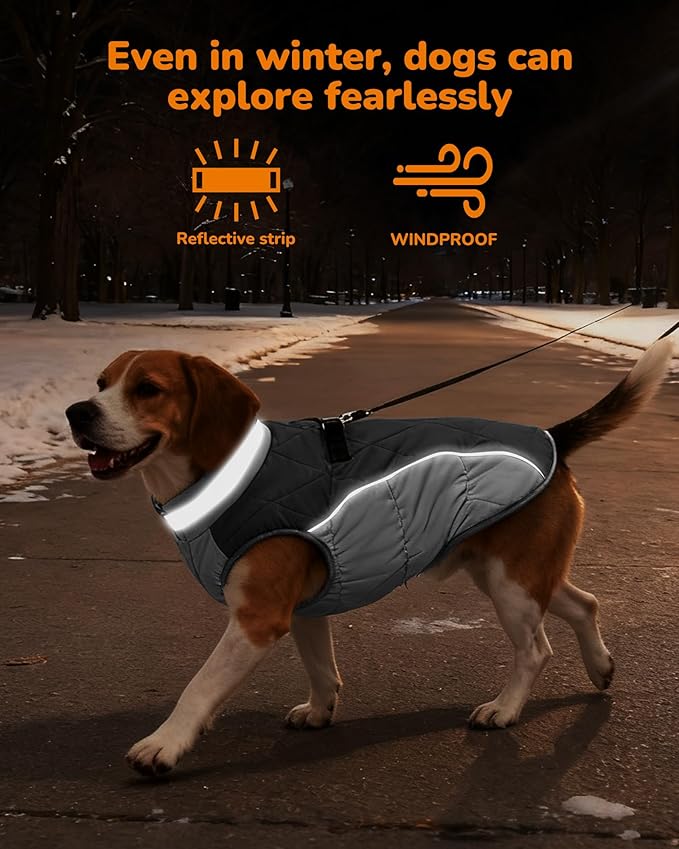 Dog Coat for Large Dogs, Adjustable Dog Jackets for Cold Weather, Reflective Winter Coat with Built-in Harness, Snowsuit Fits Dogs 22-47 lbs and Up, Size L Black