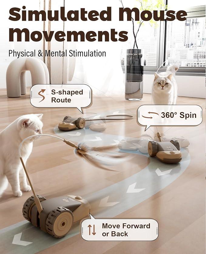 CYROS 3-in-1 Interactive Cat Toy - 2-Speed Automatic Moving Mouse Cat Toys Self Play with 2pcs Hanging Feather String Ribbon and Wiggly Silicone Mice Tail for Bored Indoor Adult Cats Kittens