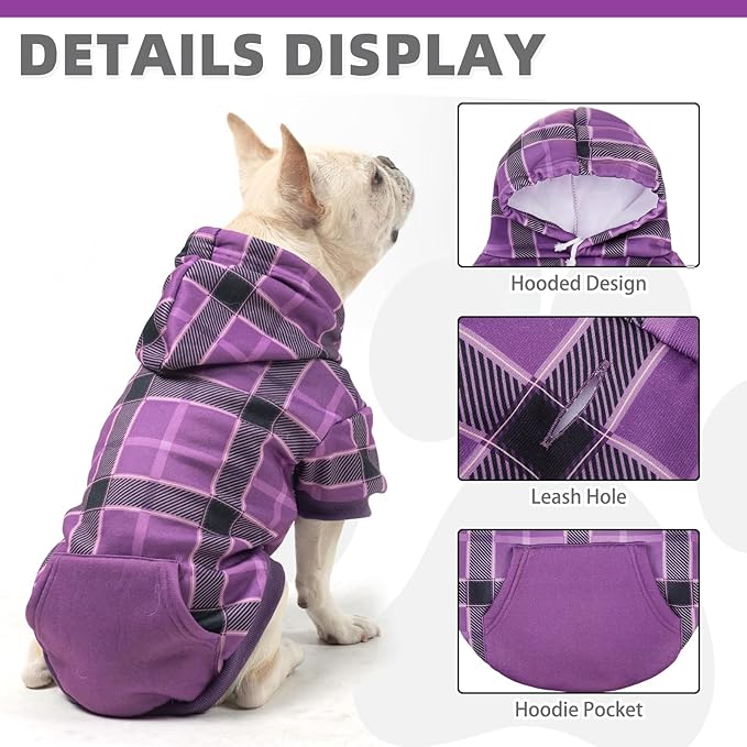 KOOLTAIL Plaid Dog Hoodie for Small Medium Large Dogs - Pet Clothes Sweater with Hat and Pocket for Cold Weather Winter, Warm Soft Dog Hooded Sweatshirt Coat Outfit for Puppy Cats Girls Boys Purple S