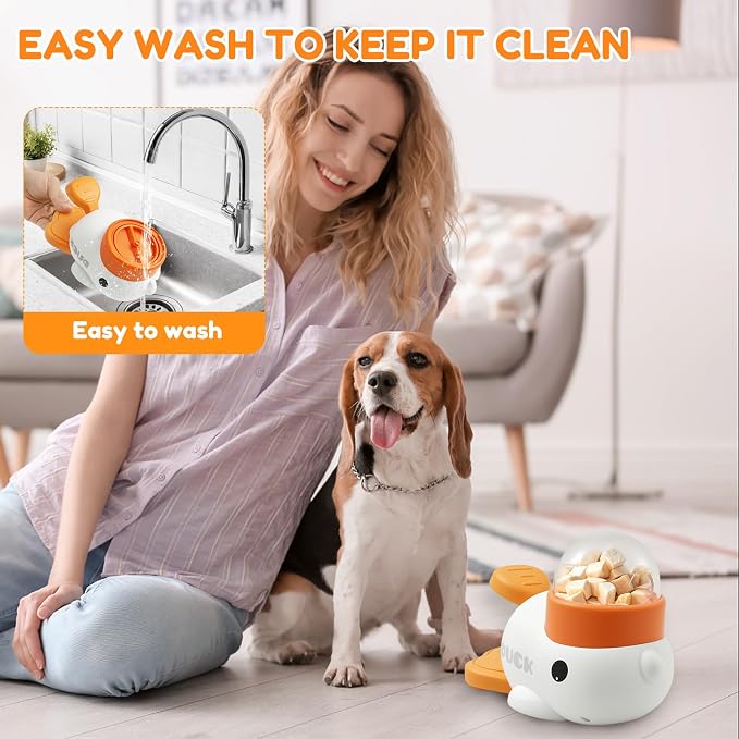 2-in-1 Dog Interactive Slow Feeder & Food Puzzle Toy, Automatic Dog Feeder Toy for Mental Stimulation & Healthy Eating, Stable Duck-Shaped Treat Dispenser for Healthy Eating & IQ Training