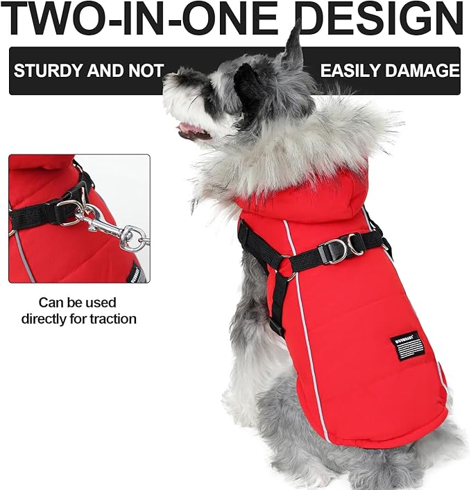 PINA Dog Coat with Built in Harness, Dog Jacket with Faux Fur Hood, Dogs Vest with Reflective Strap for Small Medium Large Dogs, Red, 3XL