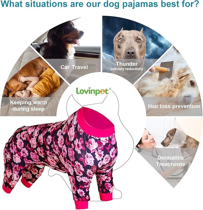 LovinPet Puppy Surgical Pajamas for s Dogs - Pet Anxiety Relief Onesies, Comfy Stretchy Fabric, Berry Roses Print, Big Dog Surgery Recovery Pajamas, Dog Party Apparel,Pink XXL