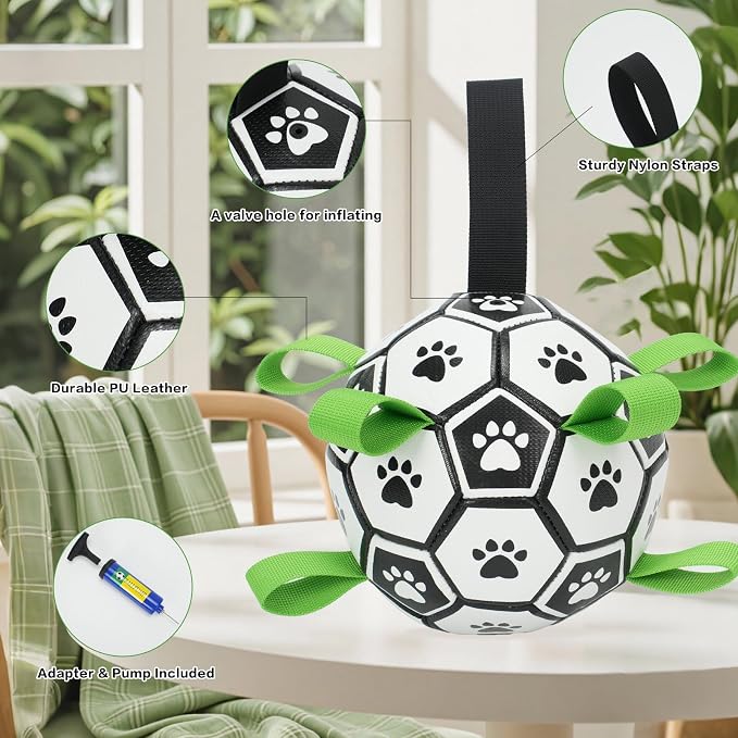 Dog Soccer Ball with Straps, 6 Inch Herding Dog Ball Toys Dog Birthday Toy, Balls for 20-40lbs Dogs, Outdoor Puppy Toys to Keep Them Busy, Interactive Toy for Tug, Pool Water Toy Ball