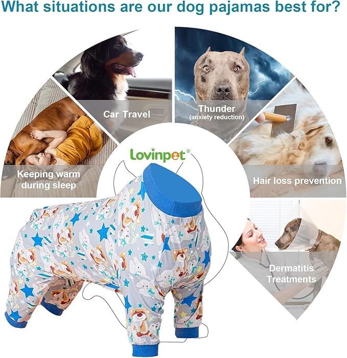 LovinPet Large Dog Onesie Shedding Suits for Pitbulls, Pet Anxiety Relief Pajamas,Pet Sun Protection Tshirt,Comfy Flannel Fabric,Fox,Sheep,Bear Grey Print,Large Dog Pjs,Dogs Surgery Recovery Suit,2XL