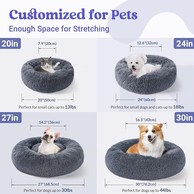 rabbitgoo Calming Dog Bed for Small Medium, 30 inches Pet Bed Machine Washable, Non-Slip Round Fluffy Plush Faux Fur Large Cat Cushion, Soft Donut Cuddler Cushion for Small Dogs, Dark Grey