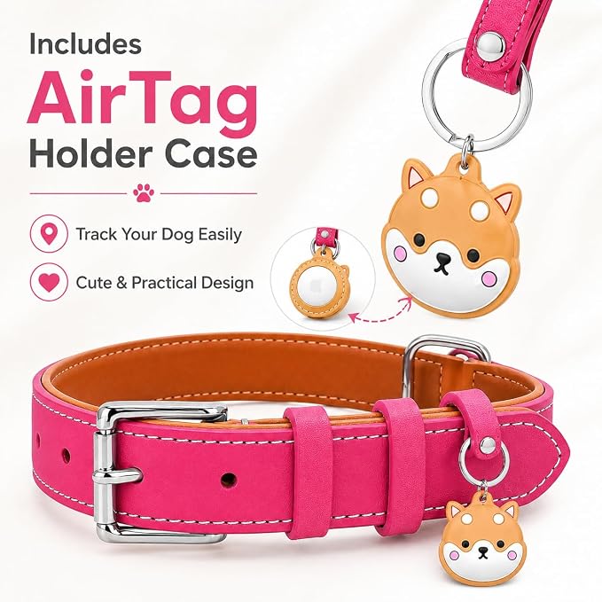 Genuine Leather Dog Collar, Soft Padded Leather Dog Collars with Airtag Holder Case for Small Medium Large X-Large Dogs,Comfort Heavy Duty Pet Collar with Durable Metal Buckle & D-Ring-Pink/S