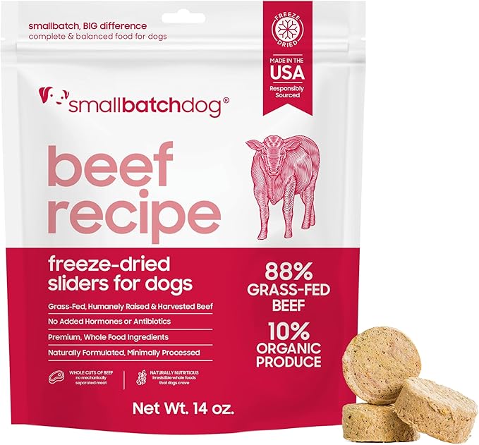 smallbatch Pets Freeze Dried Raw Dog Food, Beef Recipe, 14 oz, Organic High Protein Dog Food, Grain Free, Made in The USA, Humanely Raised Meat, Single Protein, for Picky Eaters, Hydrate & Serve