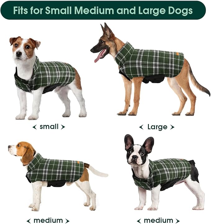 Kuoser Waterproof Dog Coat, Reversible Dog Jacket for Large Dogs, Adjustable Durable Doggie Winter Coat for Groowing Puppies Warm Puppy Cold Weather Apparel, Green L