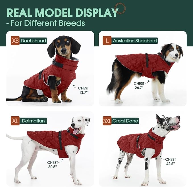 Kuoser Dog Coat Warm Fleece Lining Turtleneck Dog Jacket with Harness Built-in, Adjustable Windproof Cold Weather Coats with Quick Release Buckle Pet Winter Snowsuit for Small Dogs, Red S