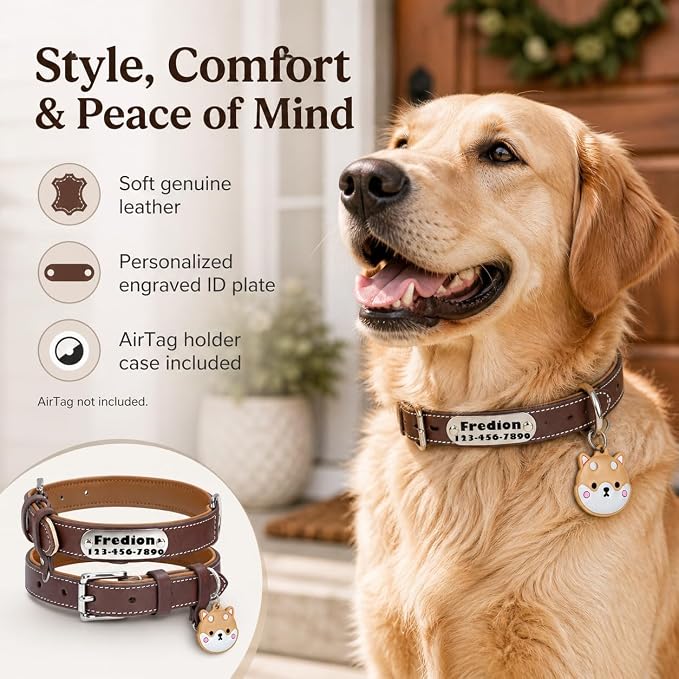 Personalized Leather Dog Collar with AirTag Holder Case, Custom Engraved Nameplate Dog Collar, Adjustable Genuine Leather Soft Padded Dog ID Collar for X-Small Small Dogs-Brown Padded-S