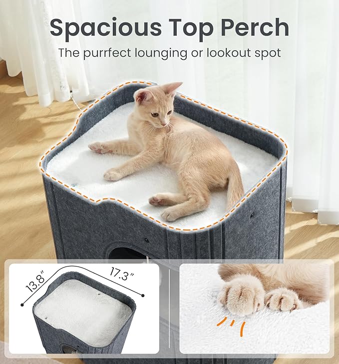 Made4Pets Cat House for Indoor Use, 2-Storey Cube Bed Cave, Covered Hideaway Condo with Scratch-Resistant Felt, Foldable Easy-to-Clean Design for Multi-Cat Homes, Dark Grey