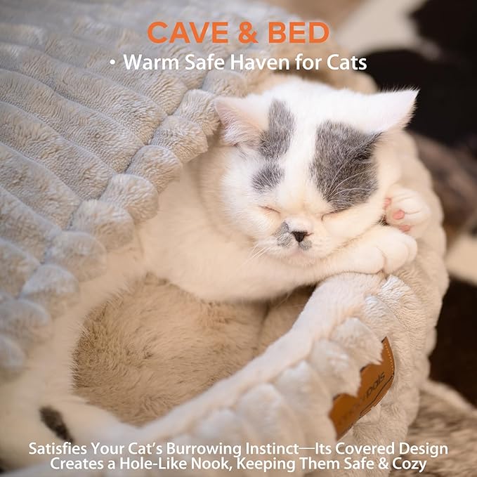 CHEERPALS Cat Cave Bed for Indoor Cats, Washable Covered Cat Bed Hooded Kitty Bed Soft Fluffy Pet Bed for Puppy and Small Dog(Khaki)