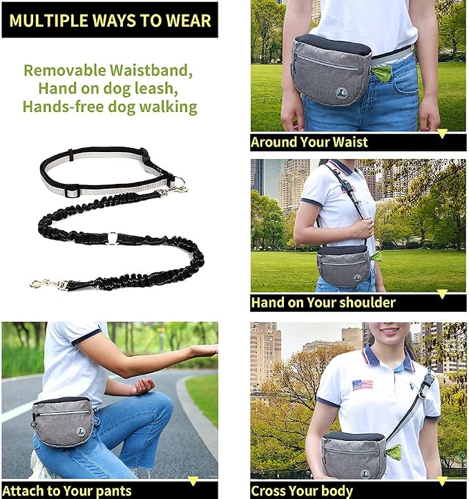 Pet Dog Treat Pouch Waist Bag, Auto Closing Waterproof Oxford Adjustable Training Belt Bags with Poop Bag Dispenser + Dog Collapsible Bowl for Dog Cat Running, Walking, Feeding (Grey)