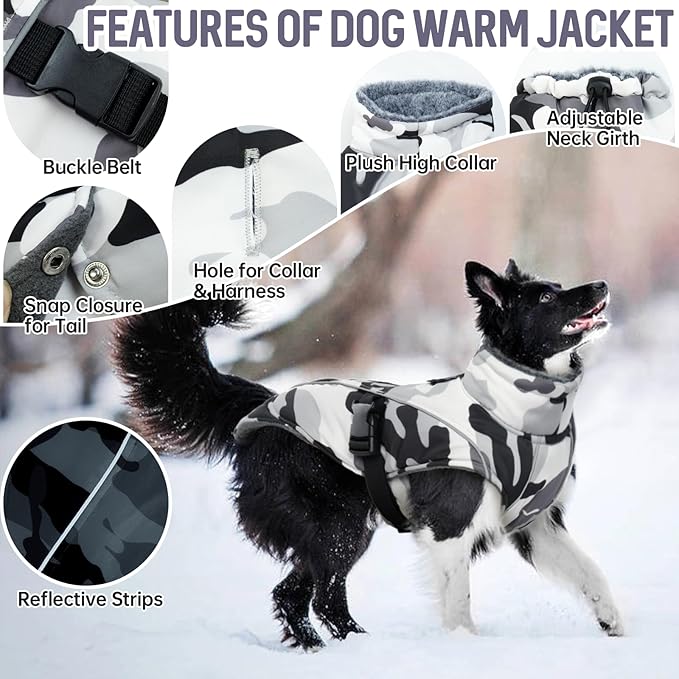 DENTRUN Medium Dog Winter Jacket - Warm Reflective Windproof Coat, Adjustable Neck & Snap Closure, Water Repellent Thick Fleece Vest, Fleece Lined for Beagle Pug, White Camo, M