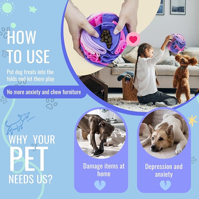 Pet Snuffle Ball, Puzzle Sniffing Interactive Dog Ball for Blind Dogs Training Stress Relief Dog Enrichment Toys Treat Machine Washable (20cm, Pink and Purple)