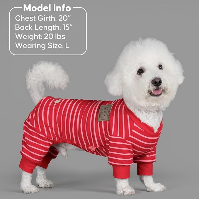 KYEESE Dog Pajamas, Striped Velvet Fleece Pet Jumpsuit, 4 Legs PJS Soft Doggie Jammies, Stretchable Dog Pajamas Pet Costumes, Comfortable Sleepwear for Small Dogs,Red Striped, X-Large