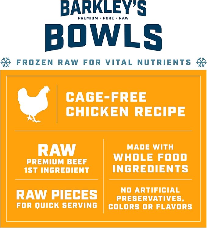 Barkley’s Bowls, Frozen Raw Chicken Dog Food, Fresh Whole Food Ingredients with Cage-Free Chicken, Grain Free, High Protein for Balanced Nutrition, Frozen Meals with Human Grade Ingredients, 4 lb Bag