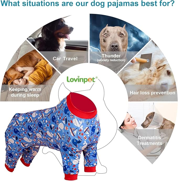 LovinPet Warm Dog Pajamas Large Size Dog, Pajamas for Pitbulls,Lightweight Stretch Jersey Knit,Blue Nautilus Print, Uv Protection Shirt, Pitbull Shirt, Onesies for Dogs, Pitbull Clothes,Medium