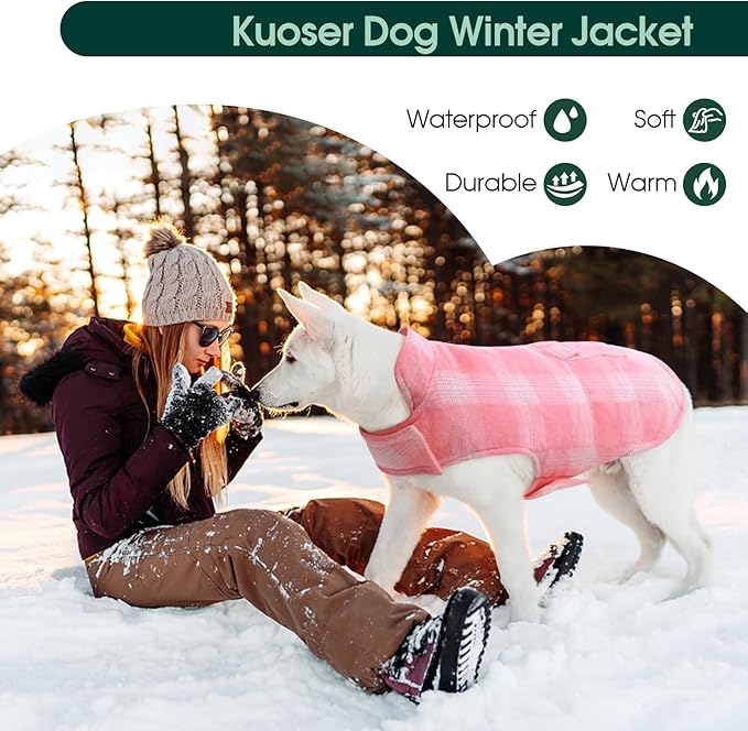 Kuoser Reversible Dog Jacket, Warm Winter Coat for Large Dogs, Warm Windproof Pet Cold Weather Clothes, Pink XXL