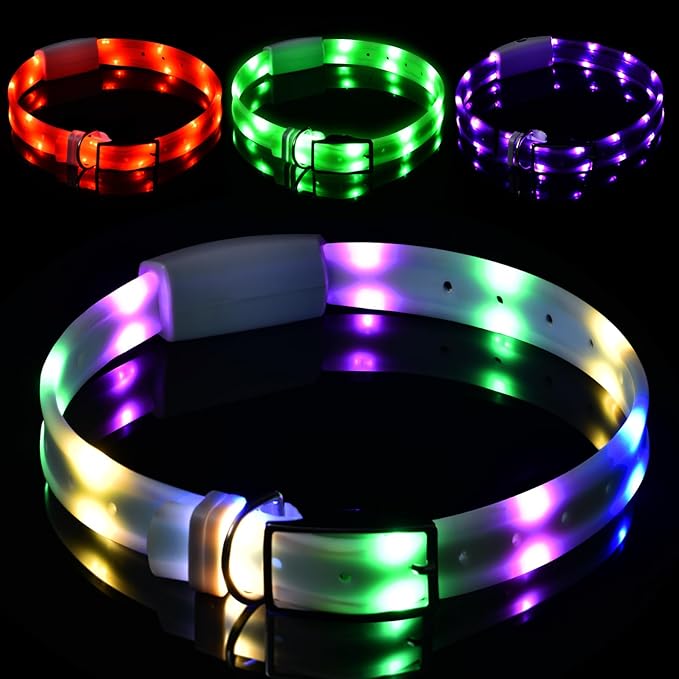 Lighted Dog Collar, Rechargeable Light Up Pet Collar, Waterproof LED Dog Collar Glow in The Dark, Make Pet Visible and Safety for Night Walking for Small Medium Large Dogs (Rainbow)