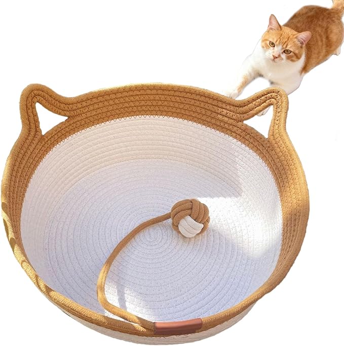 FHKPET Instinct Basket, Stimulicat Cat Bed, Stimulicat Cat Bed Rope Cotton with Cushion, Eliminates Bed Rejection Round Pet Basket, Boho Catbed for Cats Handwoven Scratchable Breathable Weave (Small)