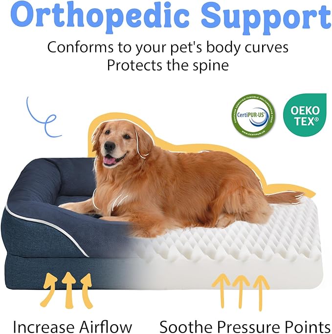 Orthopedic Washable Large Dog Bed - Egg Foam Dog Beds for Large and Medium Dogs Big Pet Beds with Removable Washable Cover and Bolster for Extra Large Dogs