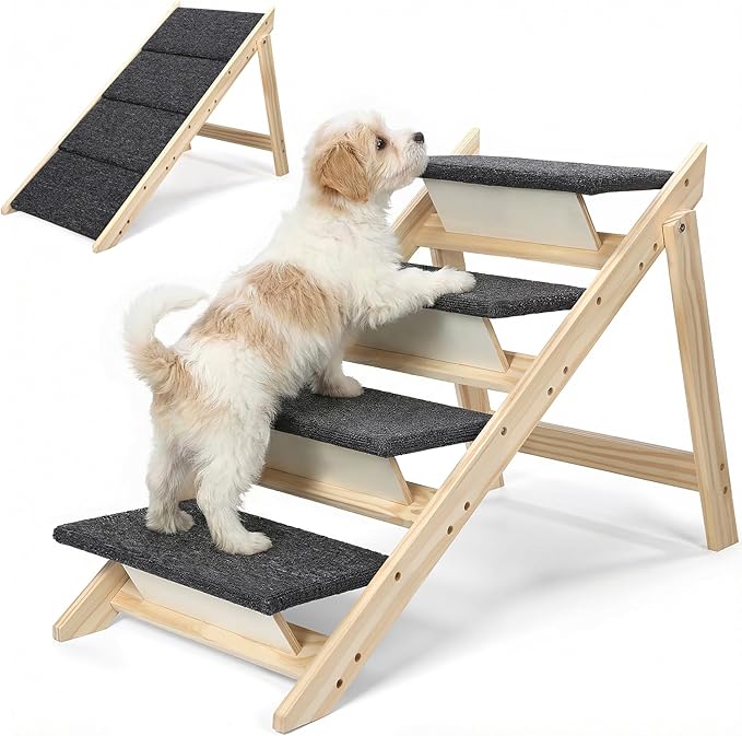 Foldable Dog Stair 2-in-1 with 4 Steps, New Zealand Pine Frame and Non-Slip Carpet Suitable for High Beds, Car,Couch, Durable Wooden Pet Stairs for Small Medium and Large Dogs, No Assembly Required