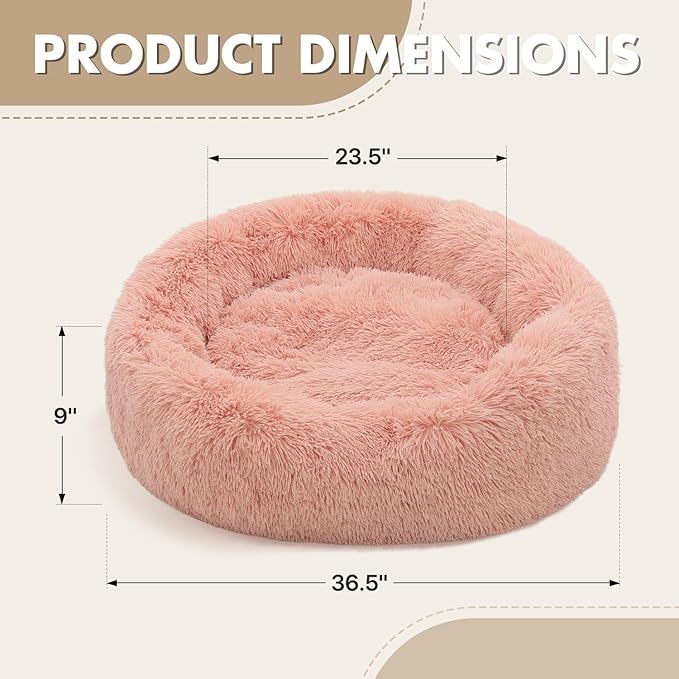Athena Collection Washable Dog Bed Large Size Dog, Cat Bed for Indoor Cats, 36 Inches Fluffy Faux Fur Round Pet Bed Calming Cozy Soft Warming Donut for Large Size Pet, Pink